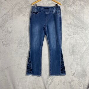 GG Jeans Womens Floral Embroidered Sequin Flare Leg Pull On Denim Blue Size 14